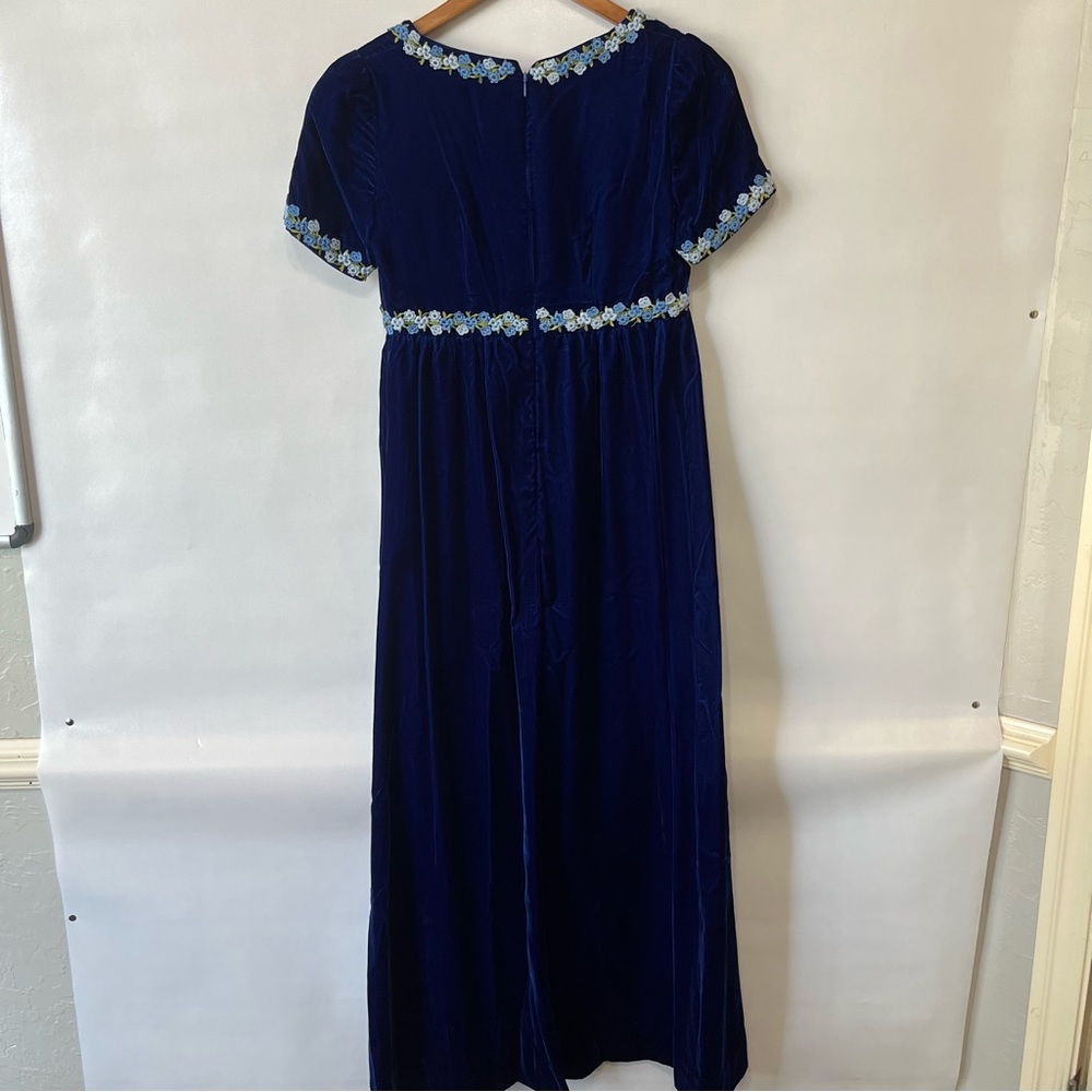 Vtg Blue Velvet 60’s 70’s Floral Empire Waist Renaissance Maxi Dress - Picture 4 of 7
